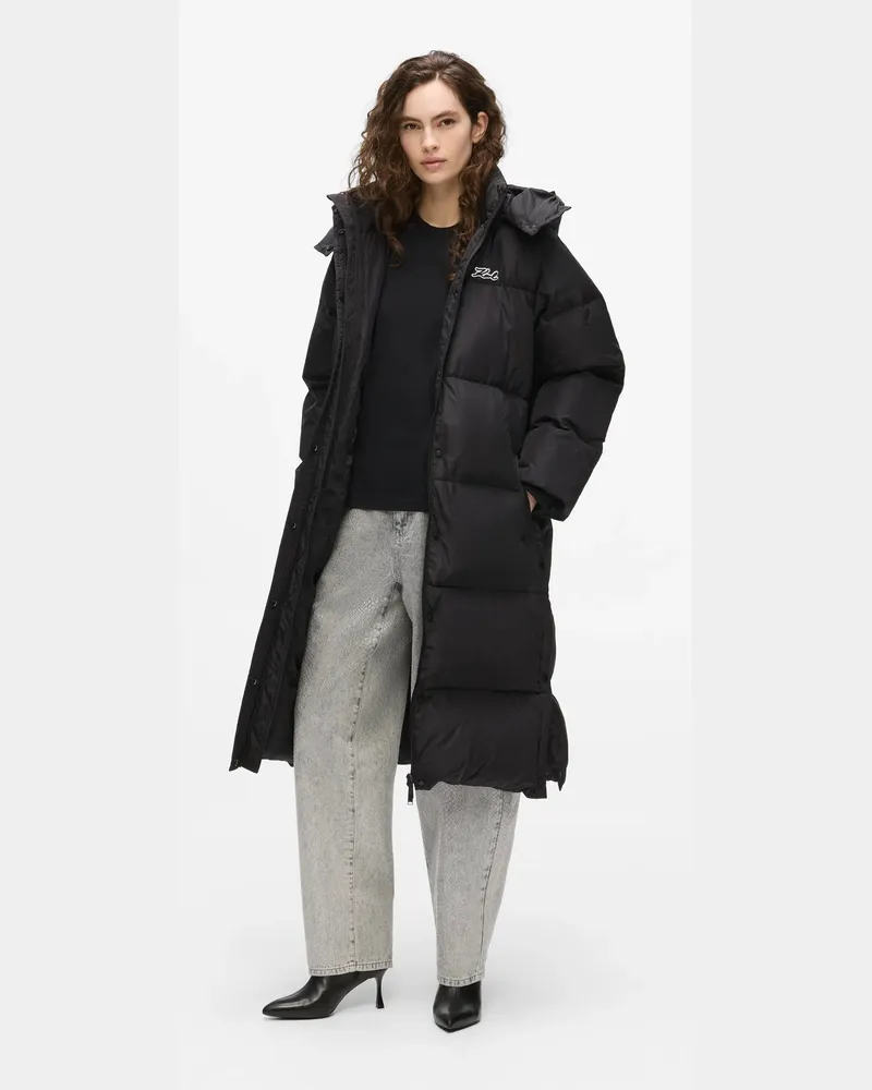 Karl Lagerfeld Lange Daunenjacke Mit Kapuze, Damen, Schwarz, Größe Schwarz