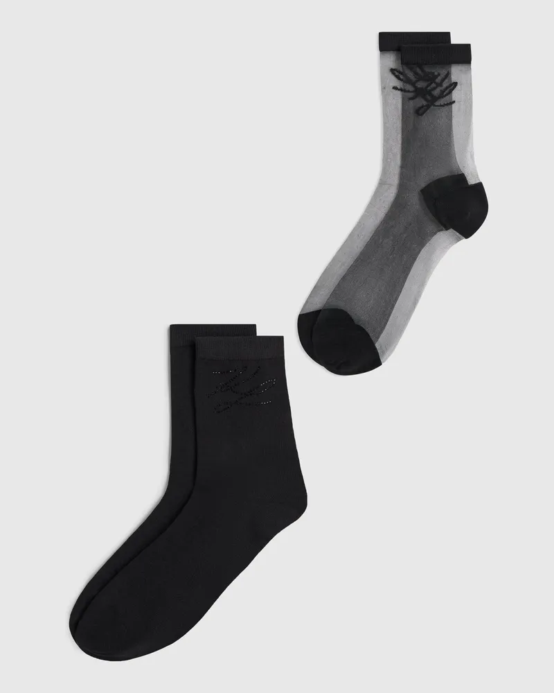 Karl Lagerfeld Autograph-socken Aus Netzstoff Und Strasssteinen - 2er-pack, Damen, Schwarz, Größe Schwarz