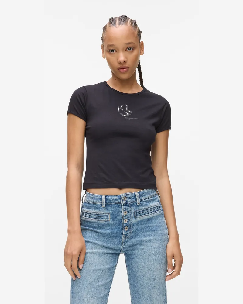 Karl Lagerfeld T-shirt Mit Monogramm Und Nieten, Damen, Schwarz, Größe Schwarz