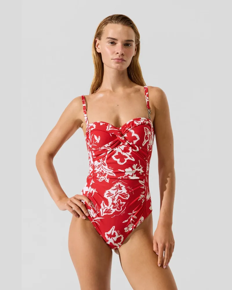 Karl Lagerfeld Signature Badeanzug Mit Twist-front, Female, Red Floral All Over Print, Size Red