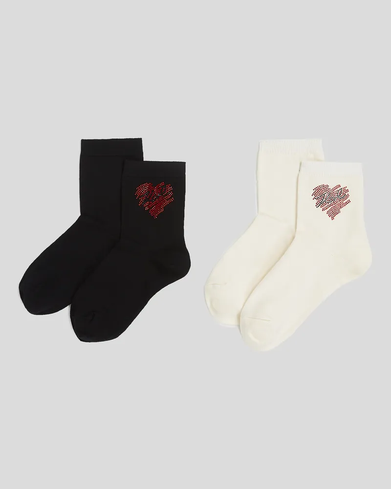 Karl Lagerfeld K/heart Strassbesetzte Socken – 2er-set, Frau, Schwarz/Creme, Größe Schwarz
