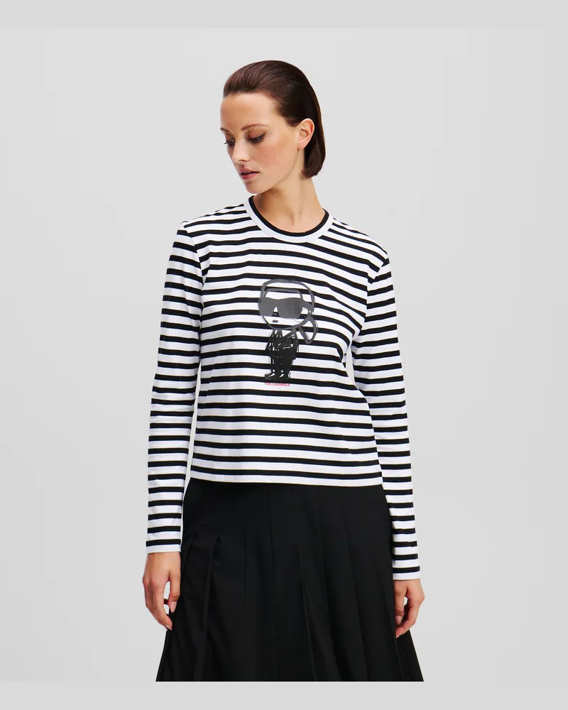 Karl Lagerfeld Ikon langarm-t-shirt Mit Streifen, Frau, Schwarz-Cannoli Creme gestreift, Größe Schwarz-cannoli