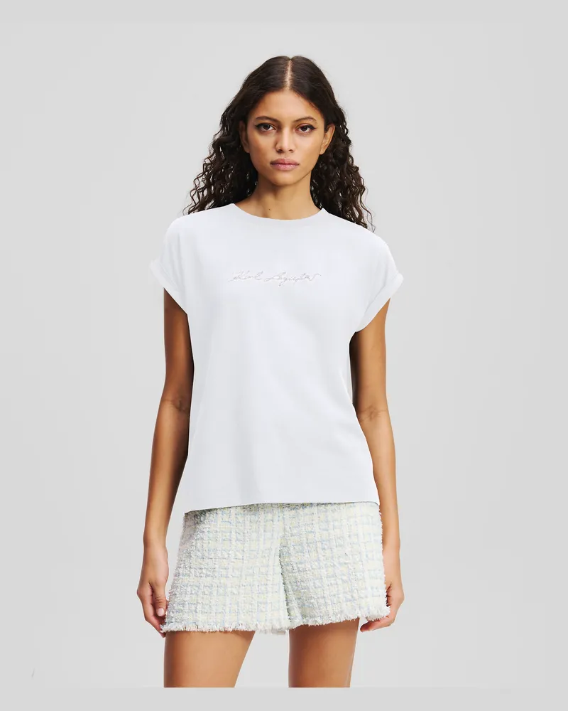 Karl Lagerfeld Signature T-shirt Mit Strass, Frau, Weiss, Größe Weiss