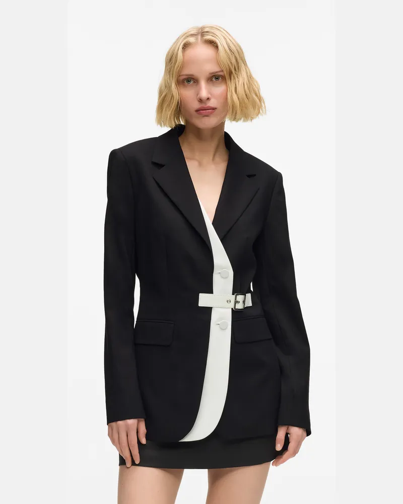 Karl Lagerfeld Blazer Mit Kontrastierendem Revers Und Gürtel, Damen, Schwarz/weiss, Größe Schwarz