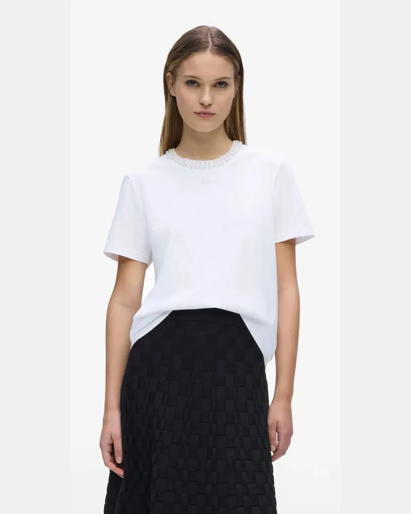 Karl Lagerfeld T-shirt Mit Kunstperlenkragen, Damen, Weiss, Größe Weiss