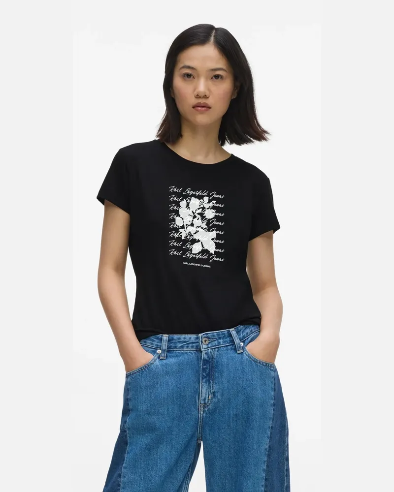 Karl Lagerfeld Schmal Geschnittenes T-shirt Mit Blumenmuster In Samtoptik, Damen, Schwarz, Größe Schwarz