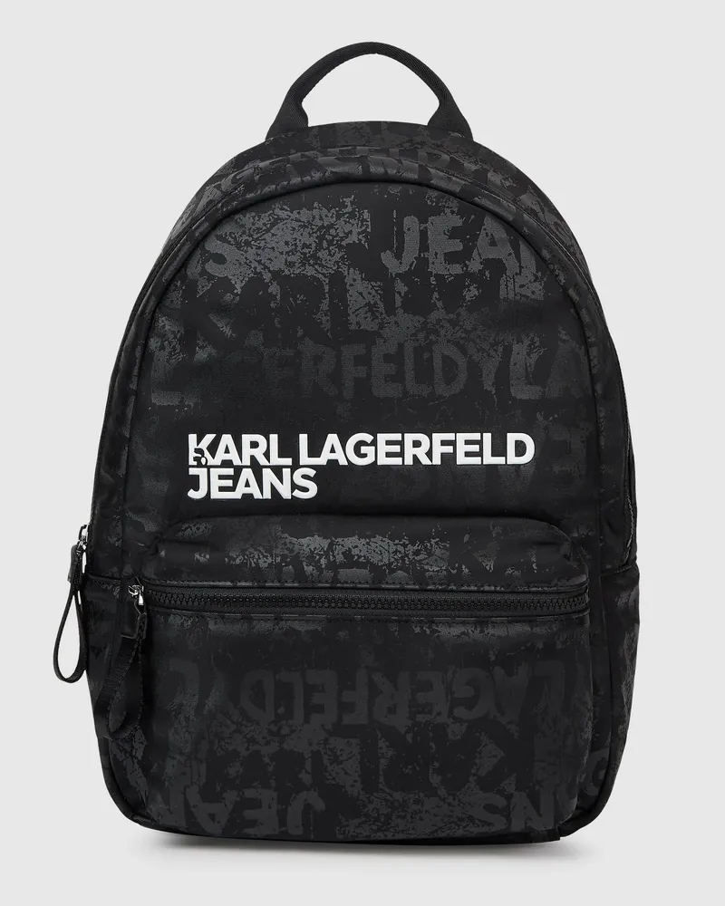 Karl Lagerfeld Rucksack Aus Nylon Mit Grafikprint, Herren, Allover-print Mit Strukturiertem Logo – Schwarz, Größe Allover-print