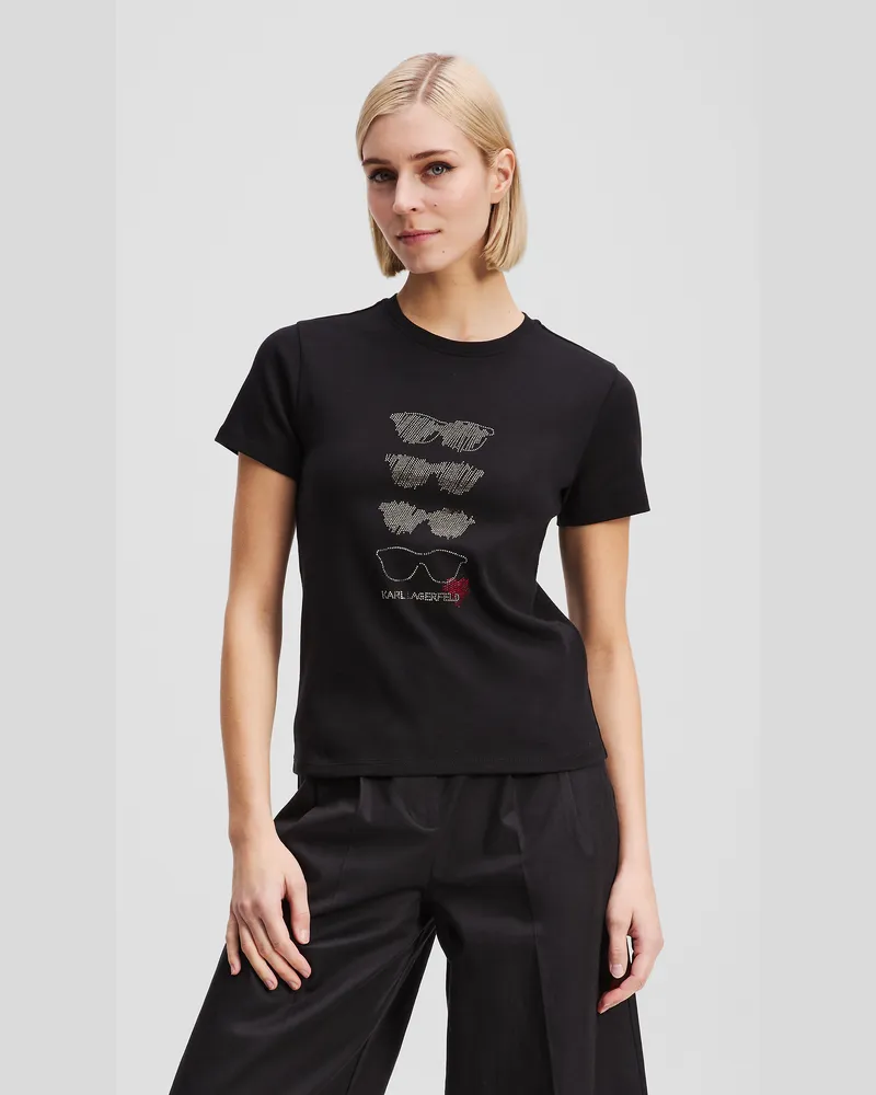 Karl Lagerfeld T-shirt Mit Sonnenbrillenmotiv Aus Strass, Frau, Schwarz, Größe Schwarz