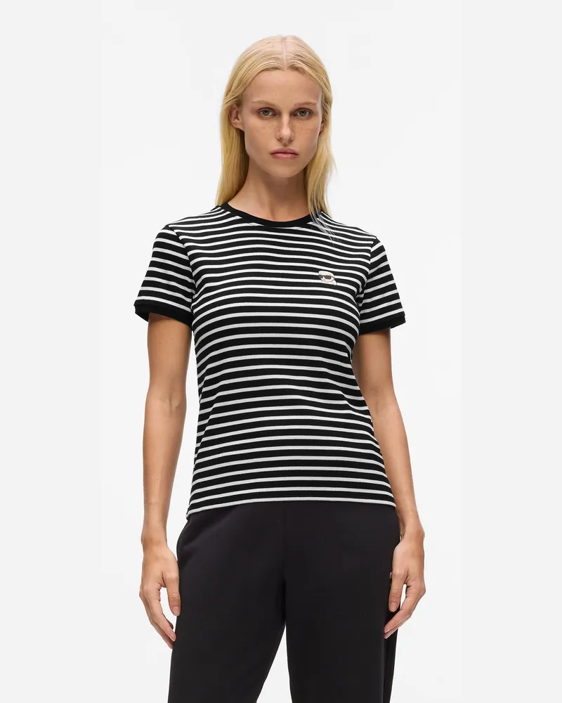 Karl Lagerfeld Ikon Geripptes T-shirt Mit Streifen, Damen, Schwarz-cannoli Creme Gestreift, Größe Schwarz-cannoli