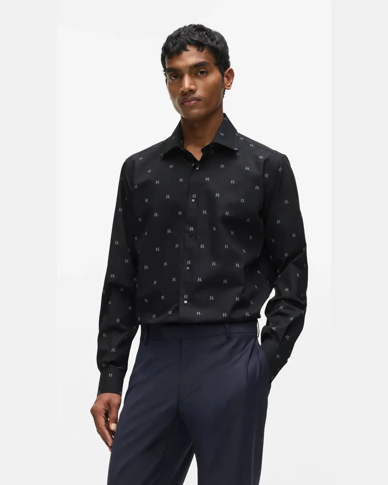 Karl Lagerfeld Hemd Mit Allover-monogramm, Herren, Schwarz Struktur, Größe Schwarz