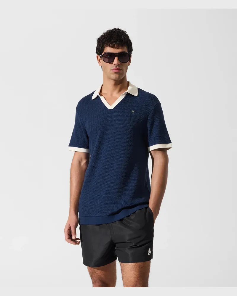 Karl Lagerfeld Häkel-polo Shirt Mit Metall-monogramm, Herren, Silberseeblau, Größe: Xxl Silberseeblau