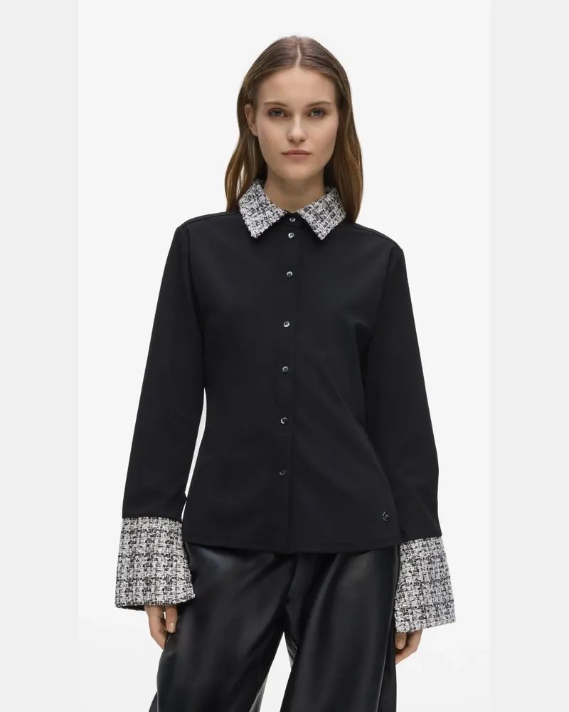 Karl Lagerfeld Langärmliges Polo Shirt Mit Bouclé-detail, Damen, Schwarz-weiß Eiffelturm Boucle, Größe Schwarz-weiß
