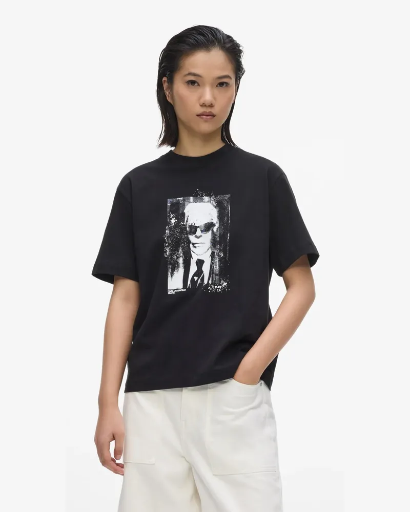 Karl Lagerfeld T-shirt In Regulärer Passform Mit Portrait Von Karl Lagerfeld, Damen, Schwarz, Größe Schwarz