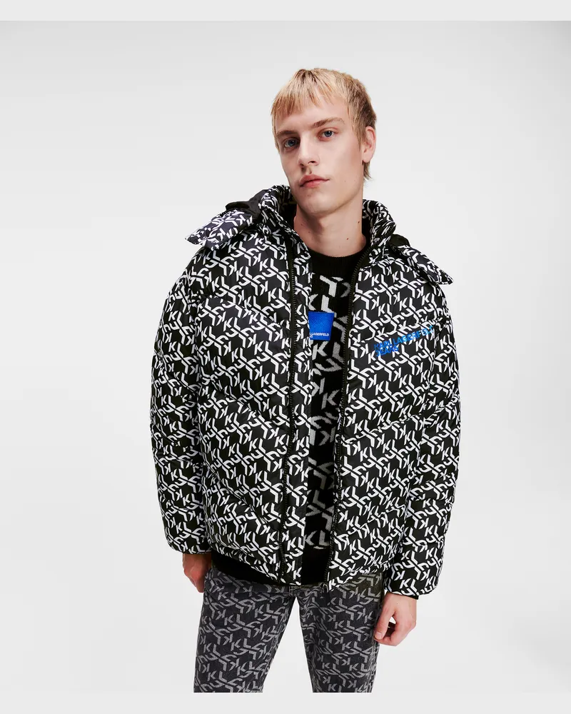 Karl Lagerfeld Monogram Pufferjacke, Mann, Schwarz Weiss Durchgehender mehrfarbiger Print, Größe Schwarz