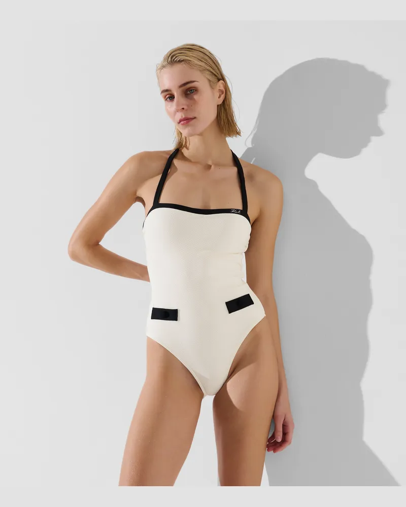 Karl Lagerfeld K/signature Monochromer Badeanzug, Damen, Cannoli Creme-schwarz, Größe: S Cannoli