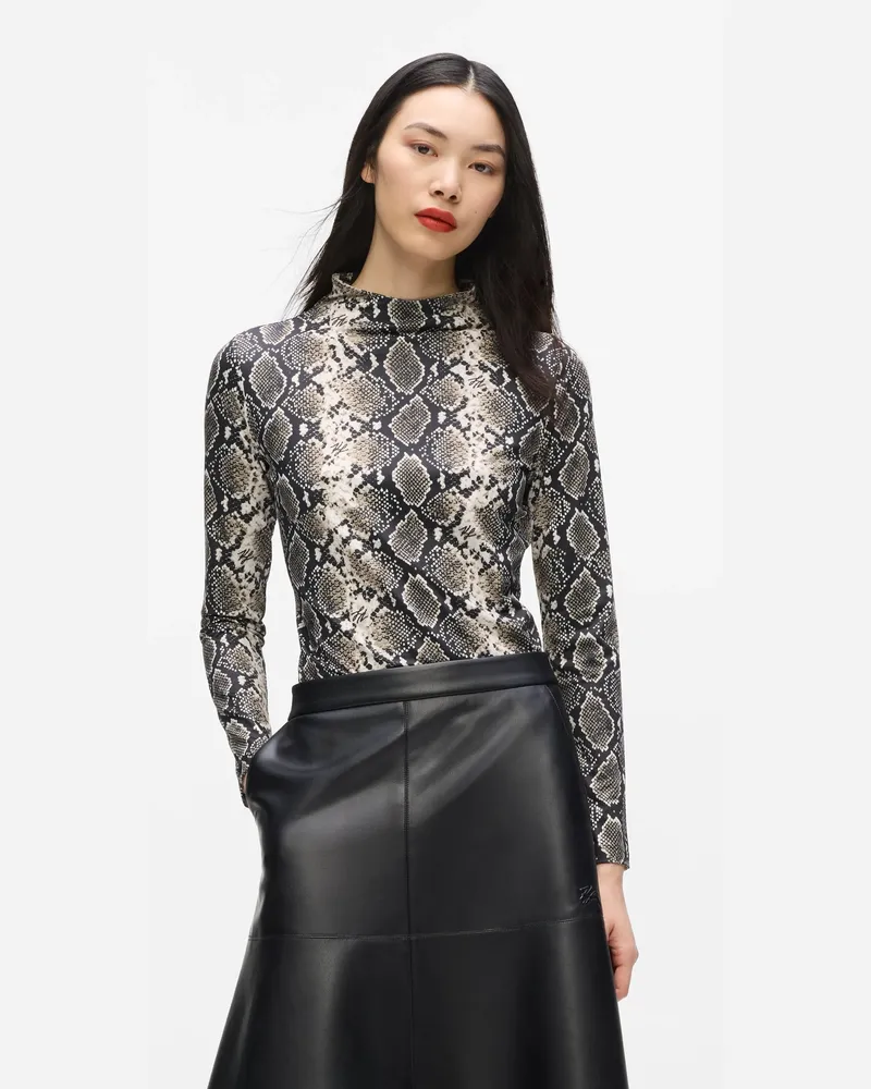 Karl Lagerfeld Langärmliges Top Mit Stehkragen, Damen, Natural Snake All Over Print, Größe Natural