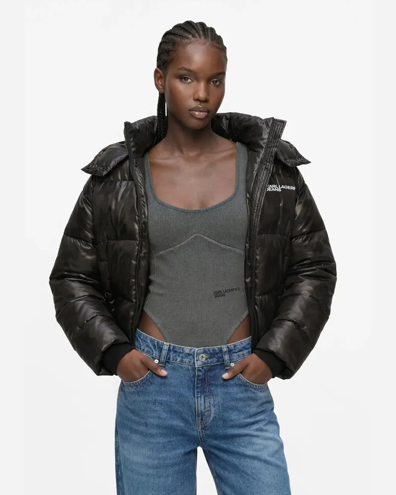 Karl Lagerfeld Kurze, Glänzende Steppjacke, Damen, Schwarz, Größe Schwarz
