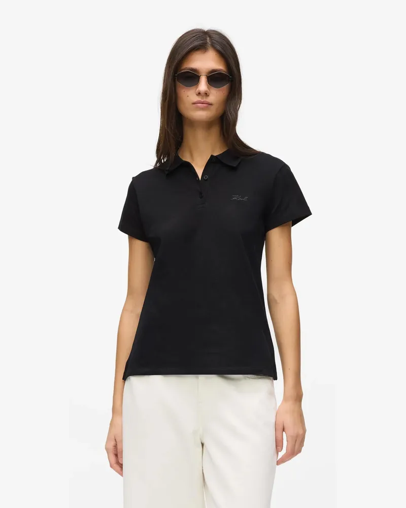 Karl Lagerfeld Signature Piqué-poloshirt, Damen, Schwarz, Größe Schwarz