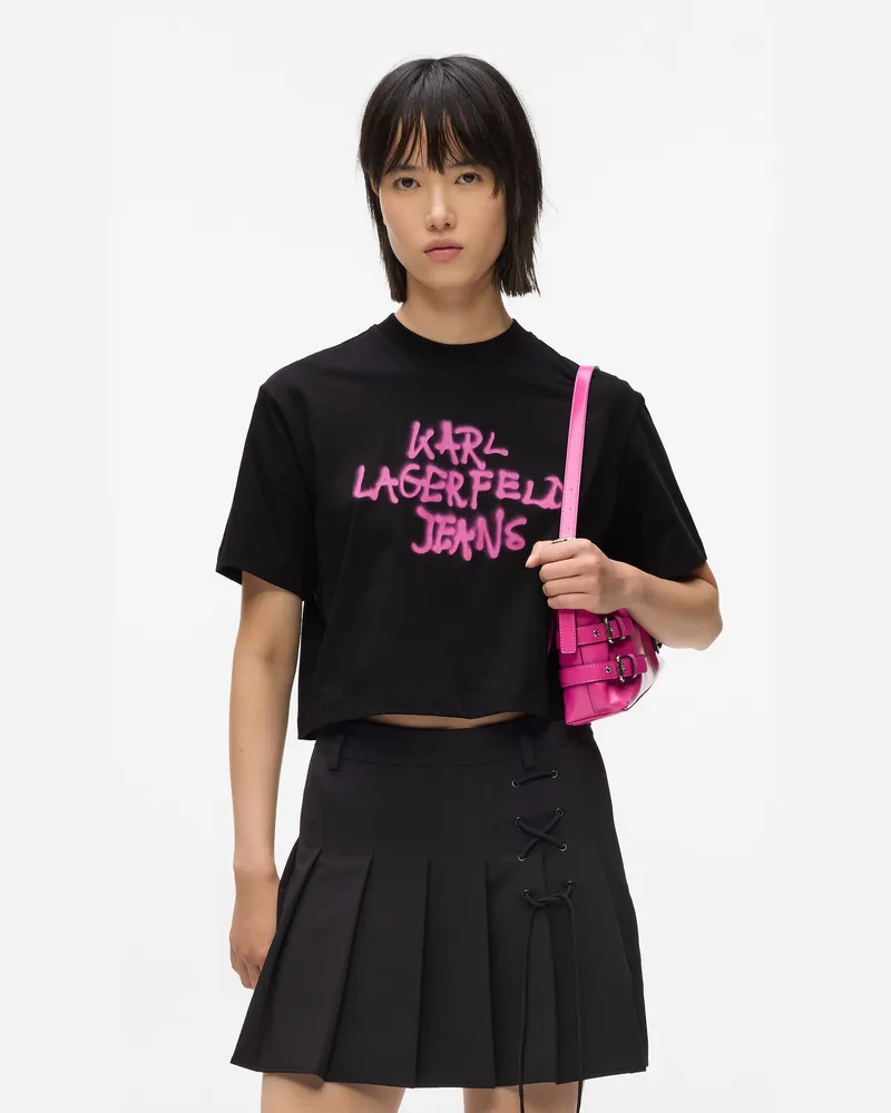 Karl Lagerfeld Gekürztes Graffiti-t-shirt, Damen, Schwarz, Größe: Xs Schwarz
