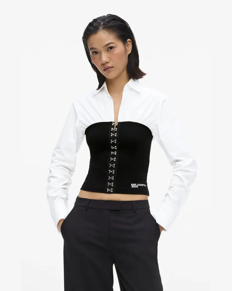 Karl Lagerfeld Popeline-hemd Mit Corsage, Damen, Weiss/schwarz, Größe Weiss