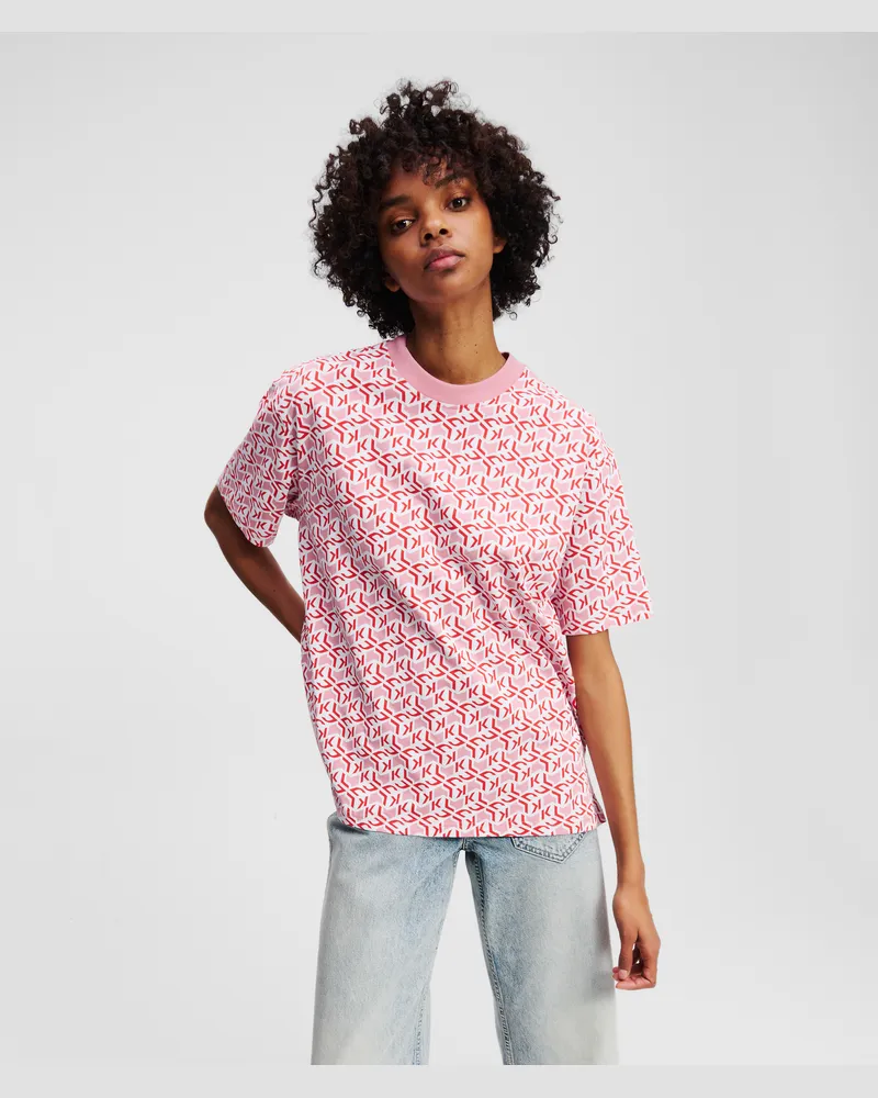 Karl Lagerfeld Vollflächiges Monogramm T-shirt, Frau, Roter All-Over-Monogramm-Druck, Größe Roter