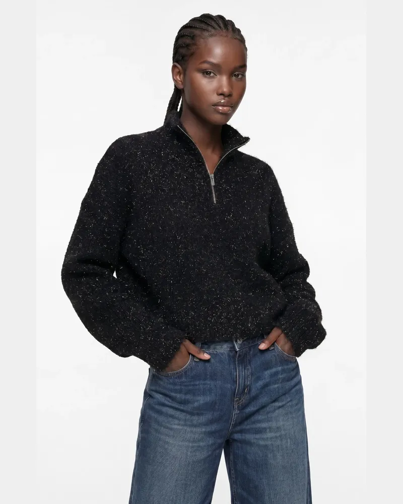 Karl Lagerfeld Flauschiger Pullover Mit Halbem Reißverschluss, Damen, Schwarz, Größe Schwarz