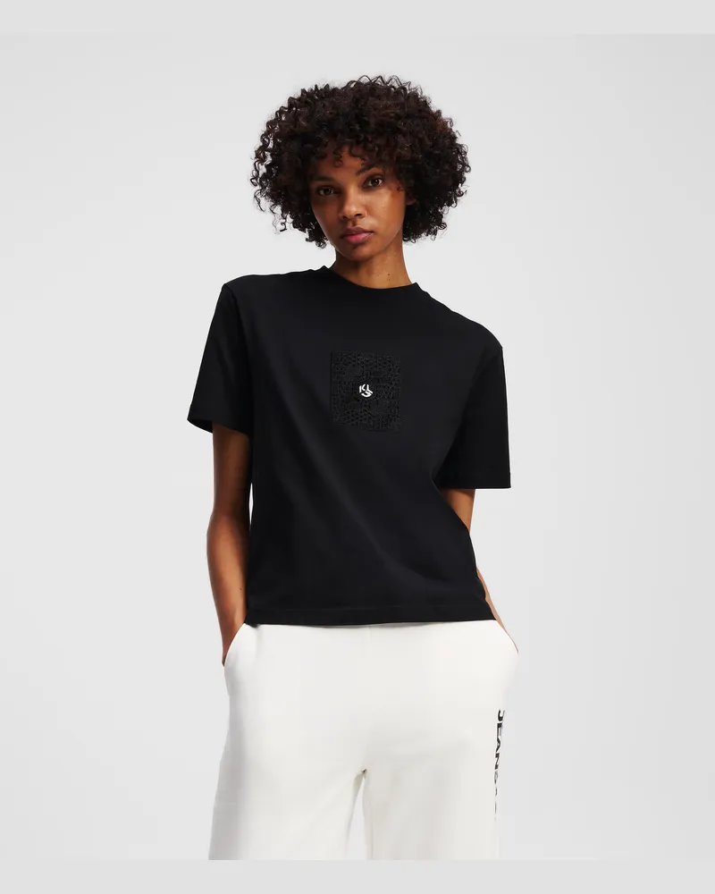 Karl Lagerfeld Gehäkeltes Monogram T-shirt, Frau, Schwarz, Größe Schwarz