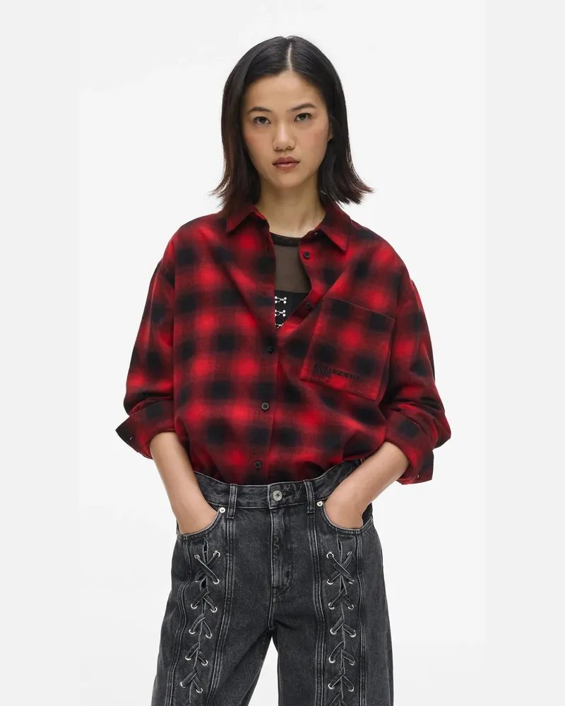 Karl Lagerfeld Kariertes Overshirt In Legerer Passform, Damen, Schwarz-rot-schattenmuster, Größe Schwarz-rot-schattenmuster