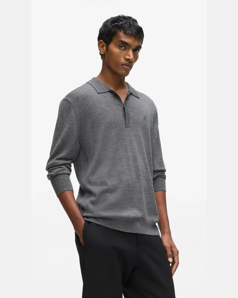 Karl Lagerfeld Langärmeliges Poloshirt Aus Merinowolle, Herren, Mittelgrau-melange, Größe Mittelgrau-melange