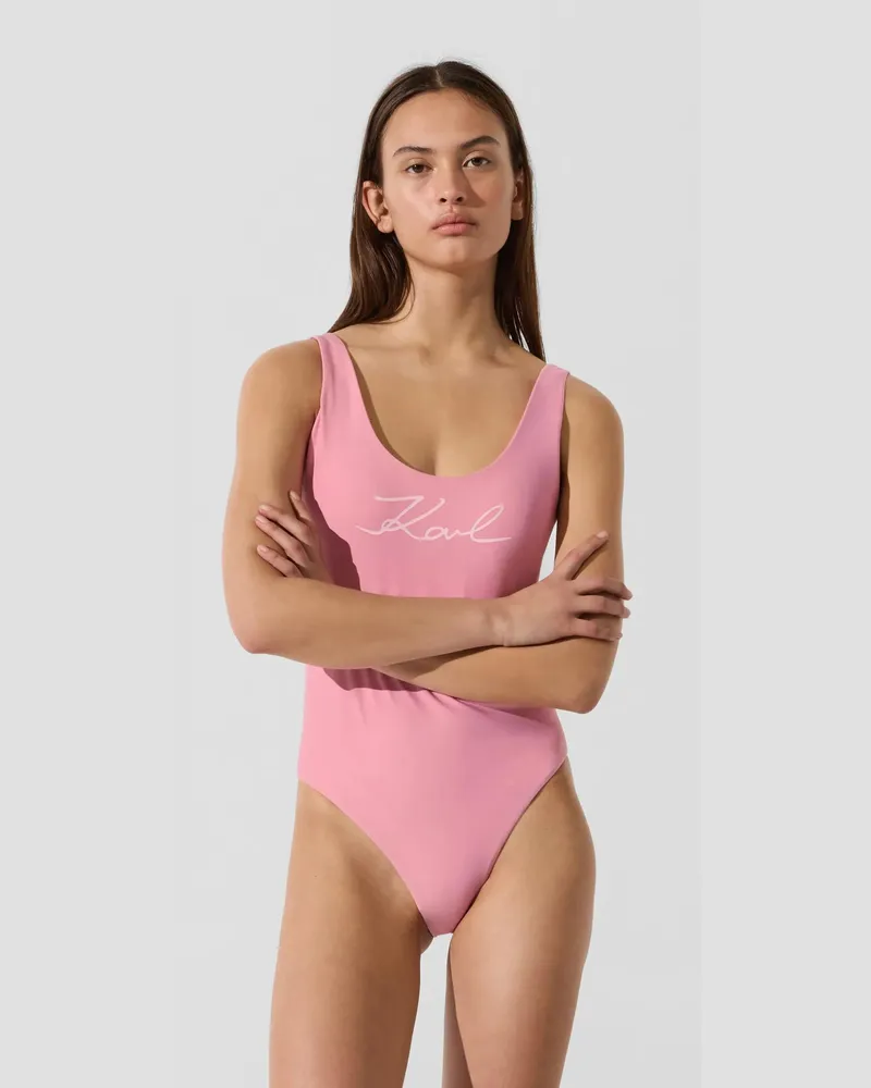 Karl Lagerfeld Signature Badeanzug, Damen, Orchideenrauch, Größe Orchideenrauch