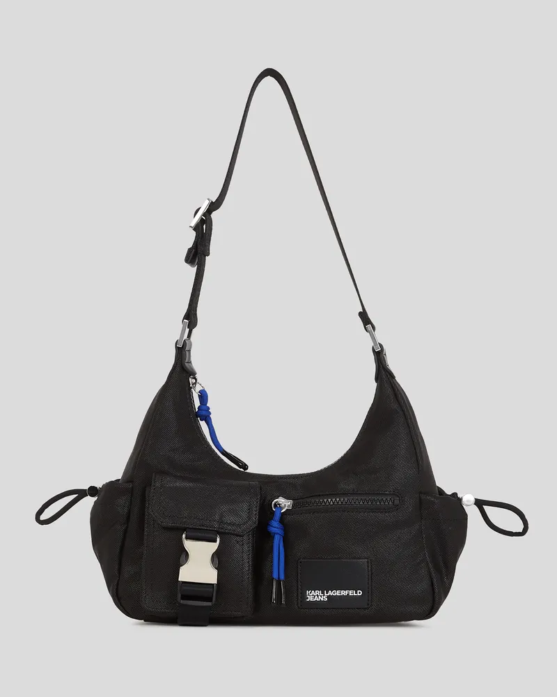 Karl Lagerfeld Schultertasche Aus Beschichtetem Denim Im Utility-stil, Frau, Beschichtetes schwarzes Denim, Größe Beschichtetes