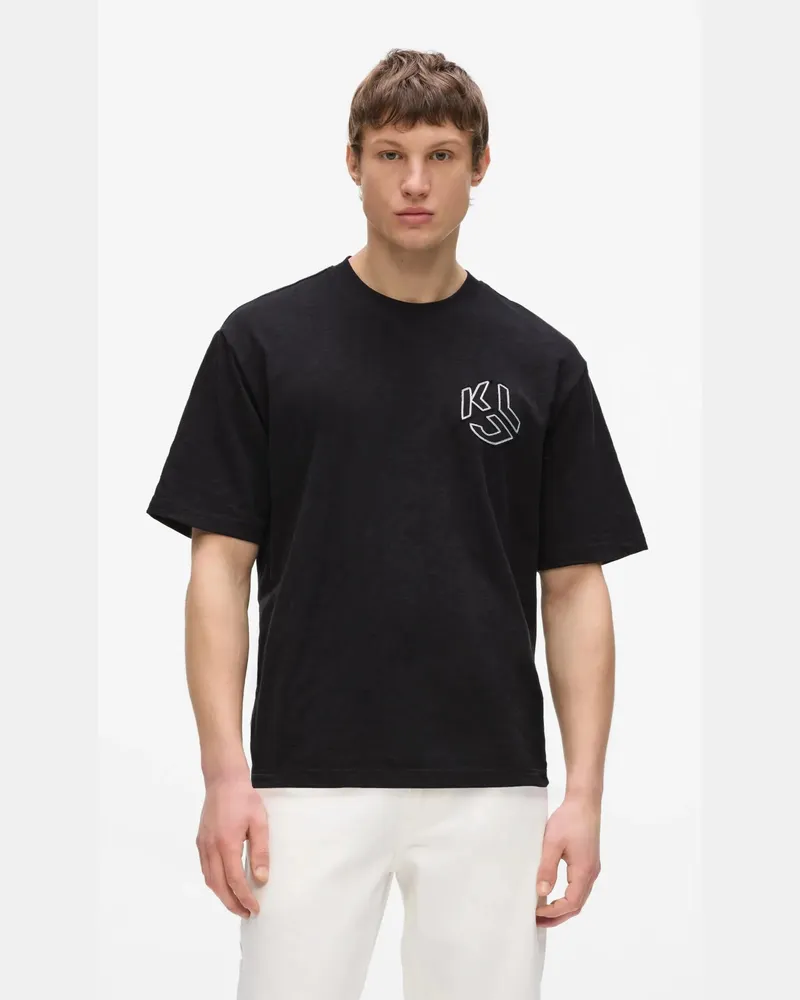 Karl Lagerfeld Kastiges T-shirt Im Used-look Mit Monogramm, Herren, Schwarz, Größe Schwarz