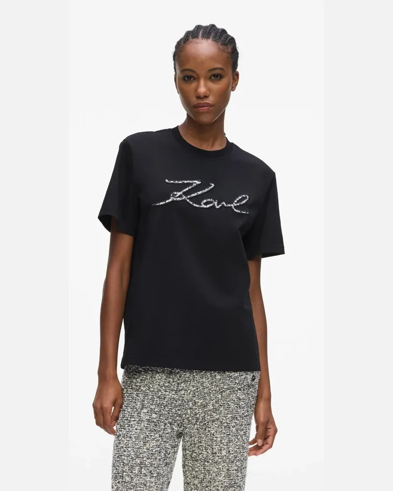 Karl Lagerfeld Signature Bouclé T-shirt, Damen, Schwarz, Größe Schwarz