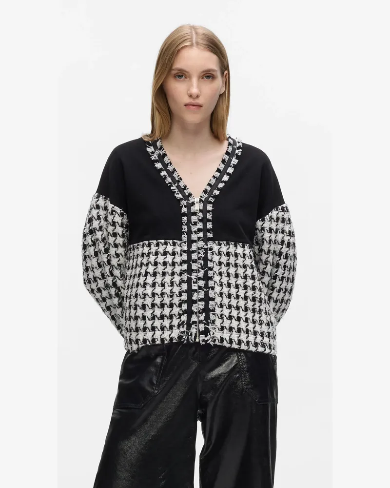 Karl Lagerfeld Sweatshirt Mit Reißverschluss Und Hahnentrittmuster-einsatz, Female, Black-white Houndstooth Boucle-black, Size Black