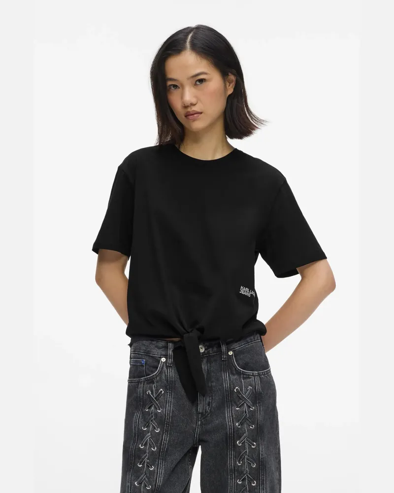 Karl Lagerfeld T-shirt In Normaler Passform Mit Bindeband, Damen, Schwarz, Größe Schwarz