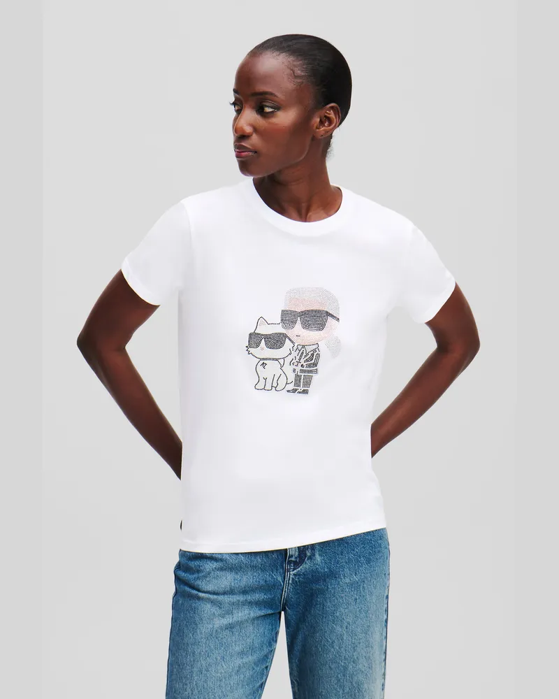 Karl Lagerfeld Ikon Karl & Choupette T-shirt Mit Strass, Damen, Weiss, Größe Weiss