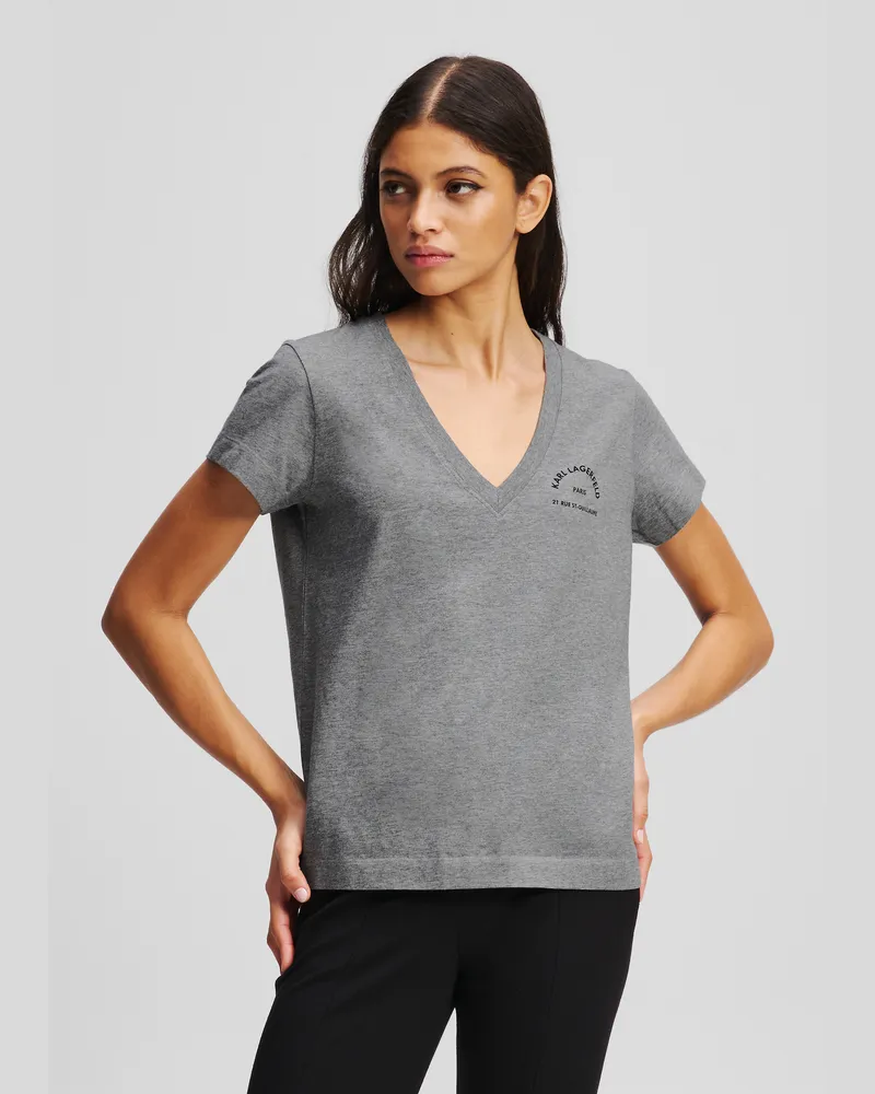Karl Lagerfeld Rue St-guillaume T-shirt Mit V-ausschnitt, Frau, Hellgrau Mel, Größe Hellgrau