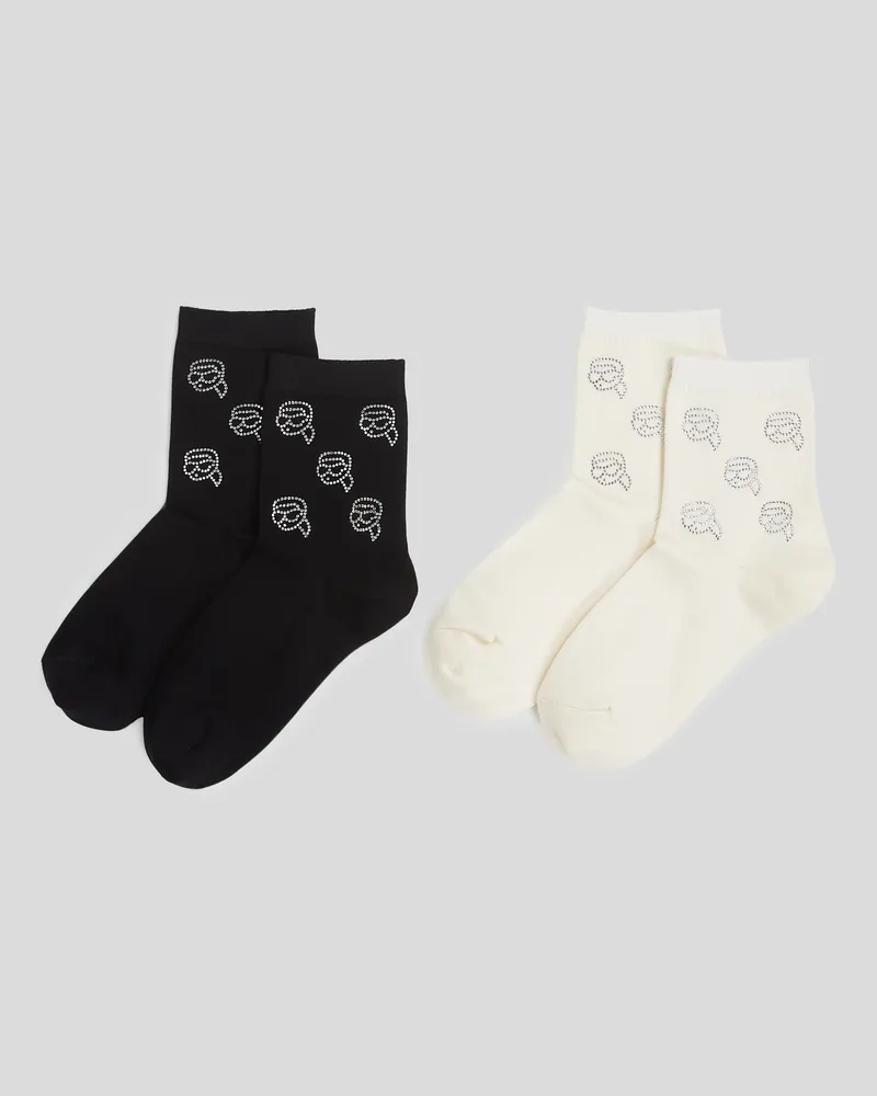 Karl Lagerfeld K/heart strassbesetzte Socken – 2er-set, Frau, Schwarz/Creme, Größe Schwarz