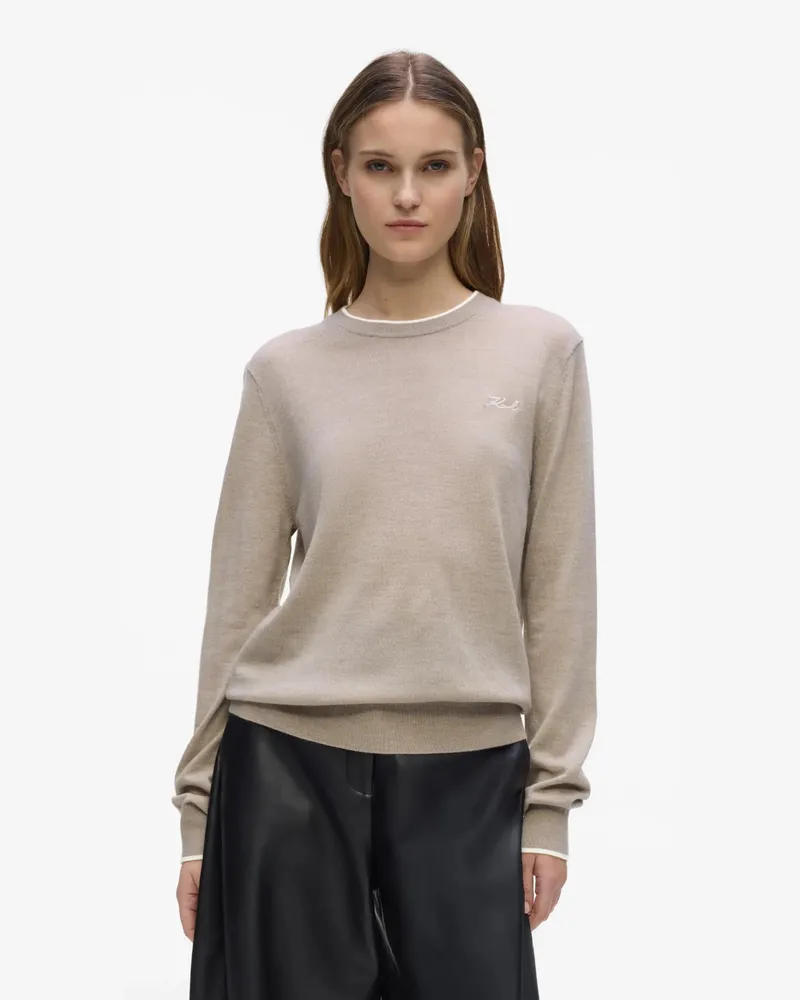 Karl Lagerfeld Pullover Mit Rundhalsausschnitt Aus Merinowolle, Damen, Sandsteinmischung, Größe Sandsteinmischung