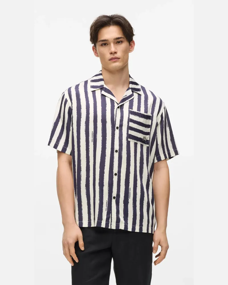 Karl Lagerfeld Ikon Kurzärmeliges, Gestreiftes Bowlinghemd, Herren, Cannoli Creme, Größe Cannoli