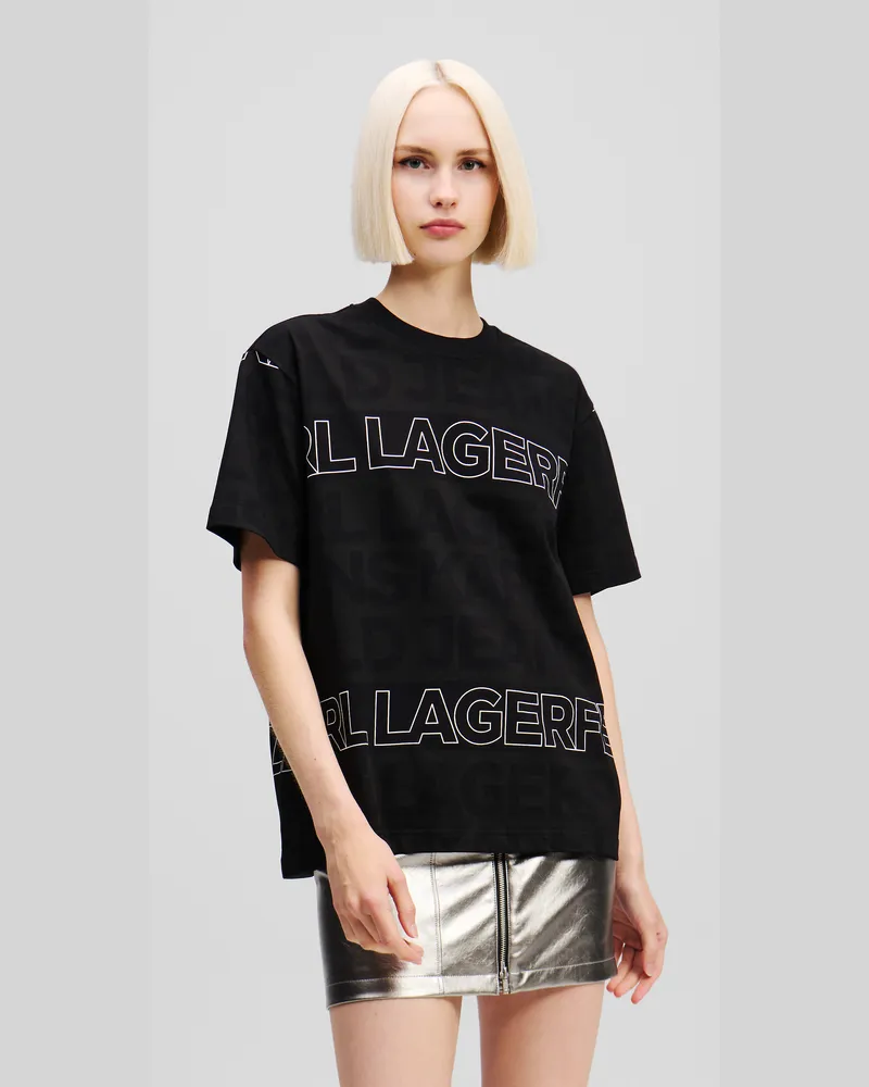 Karl Lagerfeld T-shirt Mit Durchgehendem Logo, Frau, All-Over-Logo-Muster Schwarz-Weiß, Größe All-over-logo-muster