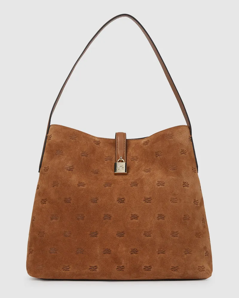 Karl Lagerfeld K/autograph Hobo-tasche Aus Wildleder Mit Vorhängeschloss, Damen, Dunkles Tan, Größe Dunkles