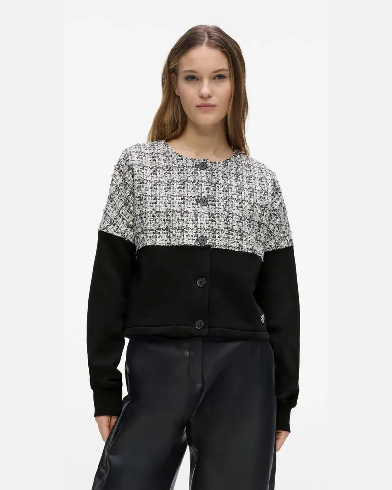Karl Lagerfeld Bouclé-einsatz-strickjacke, Damen, Schwarz-weiß Eiffelturm Boucle, Größe Schwarz-weiß