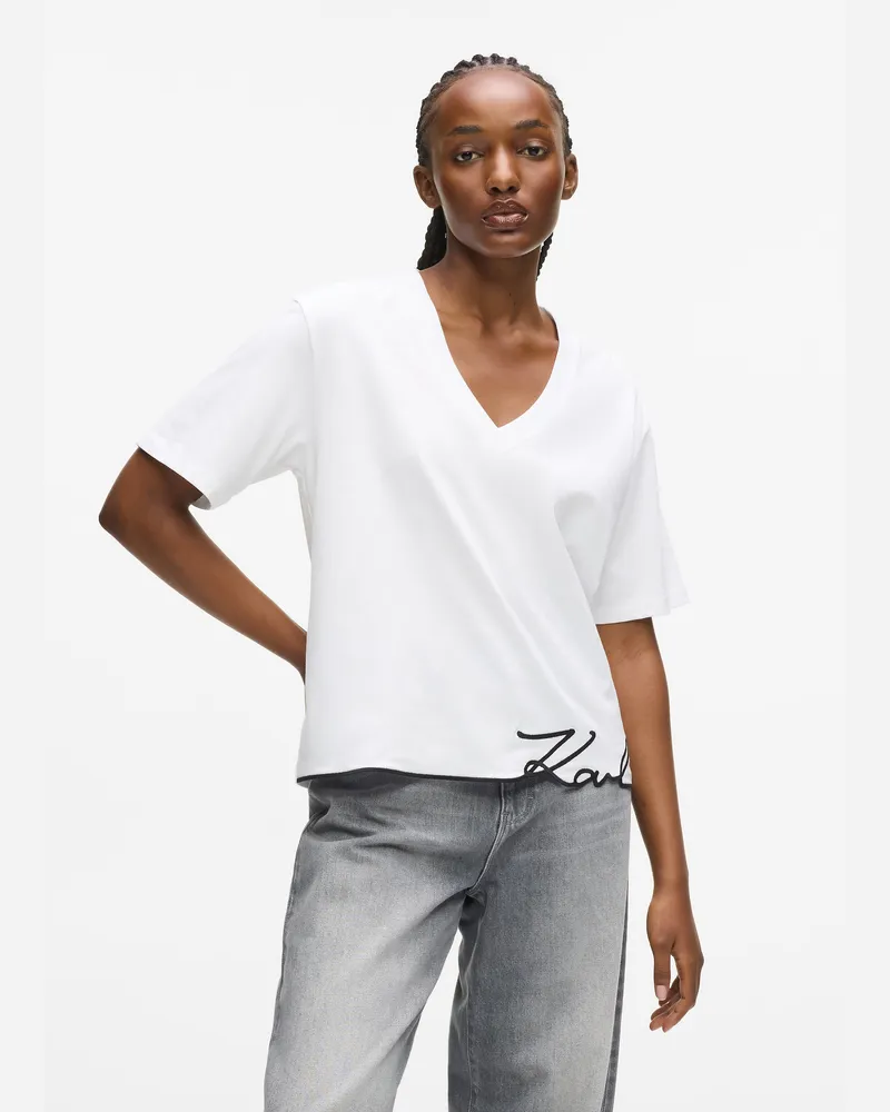 Karl Lagerfeld T-shirt Mit V-ausschnitt Und Signature-saum, Damen, Weiss, Größe Weiss