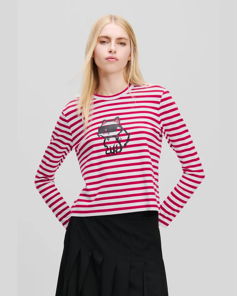 Karl Lagerfeld Ikon Langarm-t-shirt Mit Streifen, Damen, Scharlachrot-salbei-creme Gestreift, Größe Scharlachrot-salbei-creme