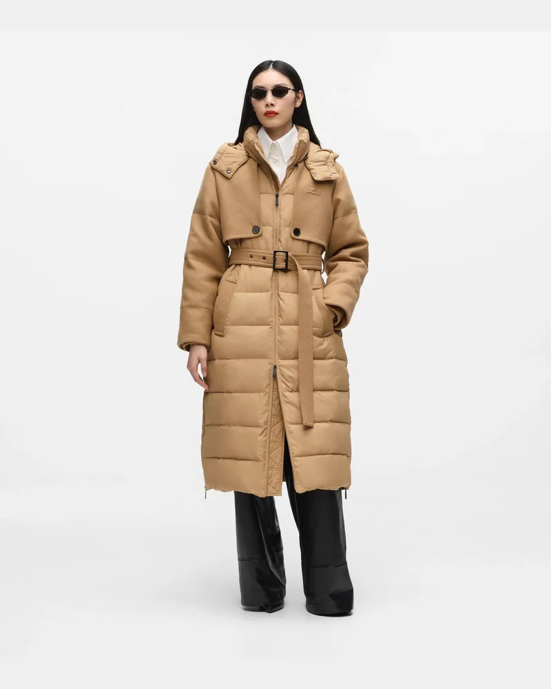 Karl Lagerfeld Lange Daunenjacke Mit Gürtel, Damen, Nougat, Größe Nougat