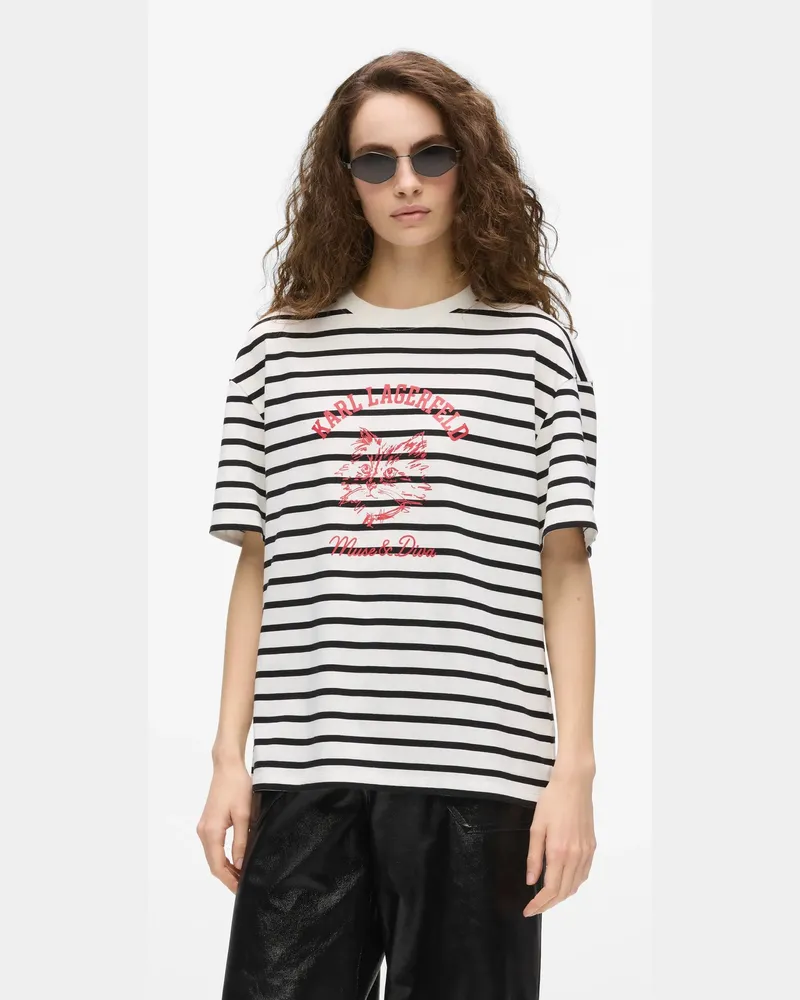 Karl Lagerfeld Ikon Choupette Muse Gestreiftes T-shirt, Damen, Ungleichmäßige Cremefarbene-schwarze Streifen, Größe Ungleichmäßige