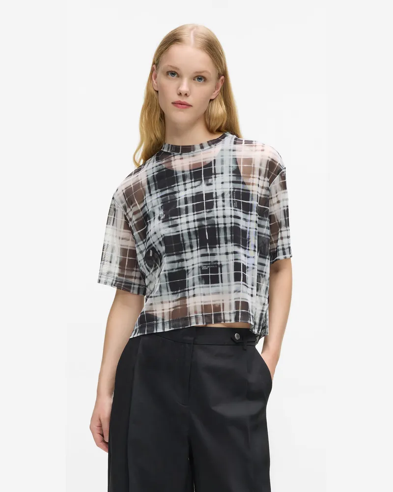 Karl Lagerfeld Kariertes Mesh-t-shirt, Damen, Fächerschwarz, Größe Fächerschwarz
