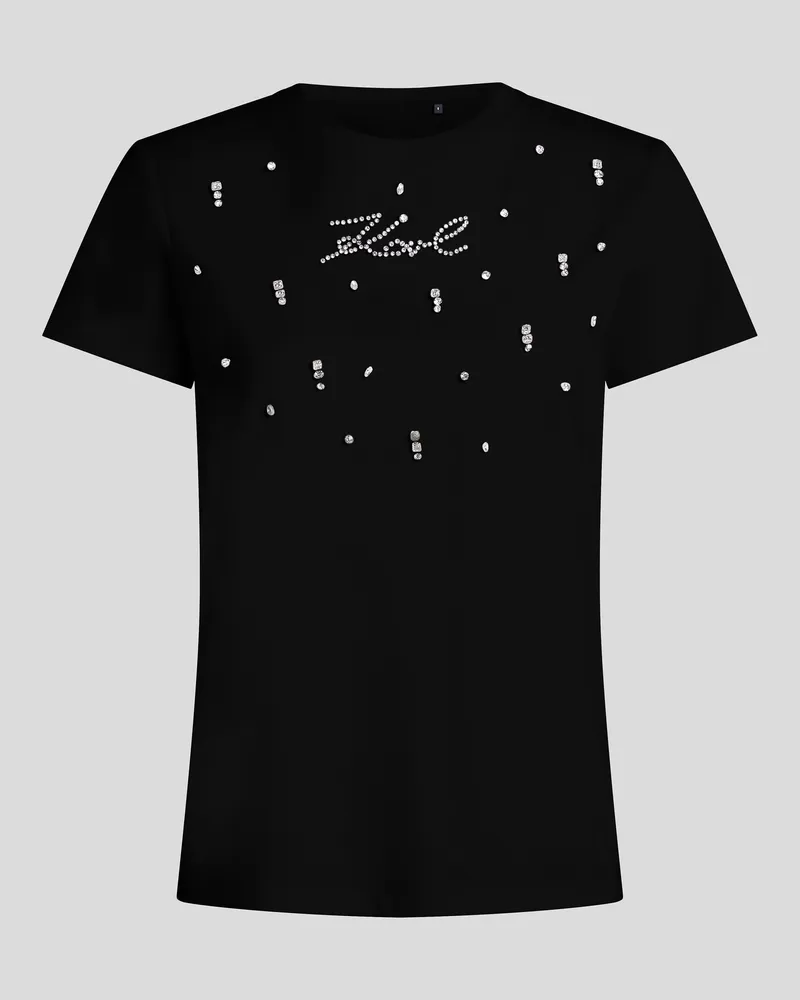 Karl Lagerfeld Strass Signature T-shirt, Frau, Schwarz, Größe Schwarz