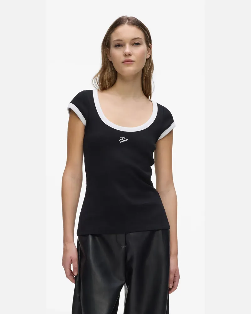 Karl Lagerfeld Weiß-schwarzes T-shirt Mit U-ausschnitt, Damen, Schwarz, Größe Schwarz